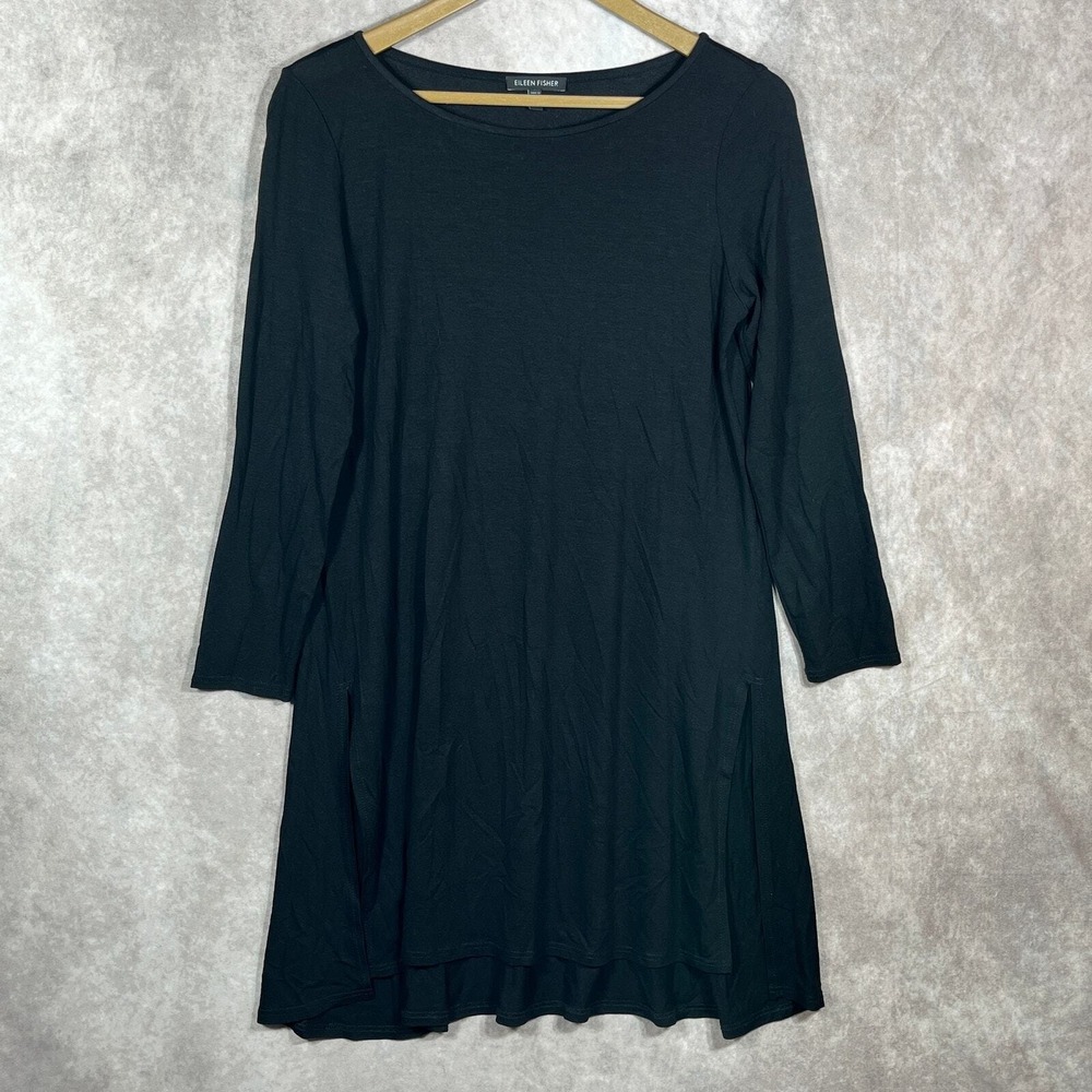 Eileen Fisher Tunic‎ Top Womens XS Black Long Sleeve Side Slits Pullover Stretch